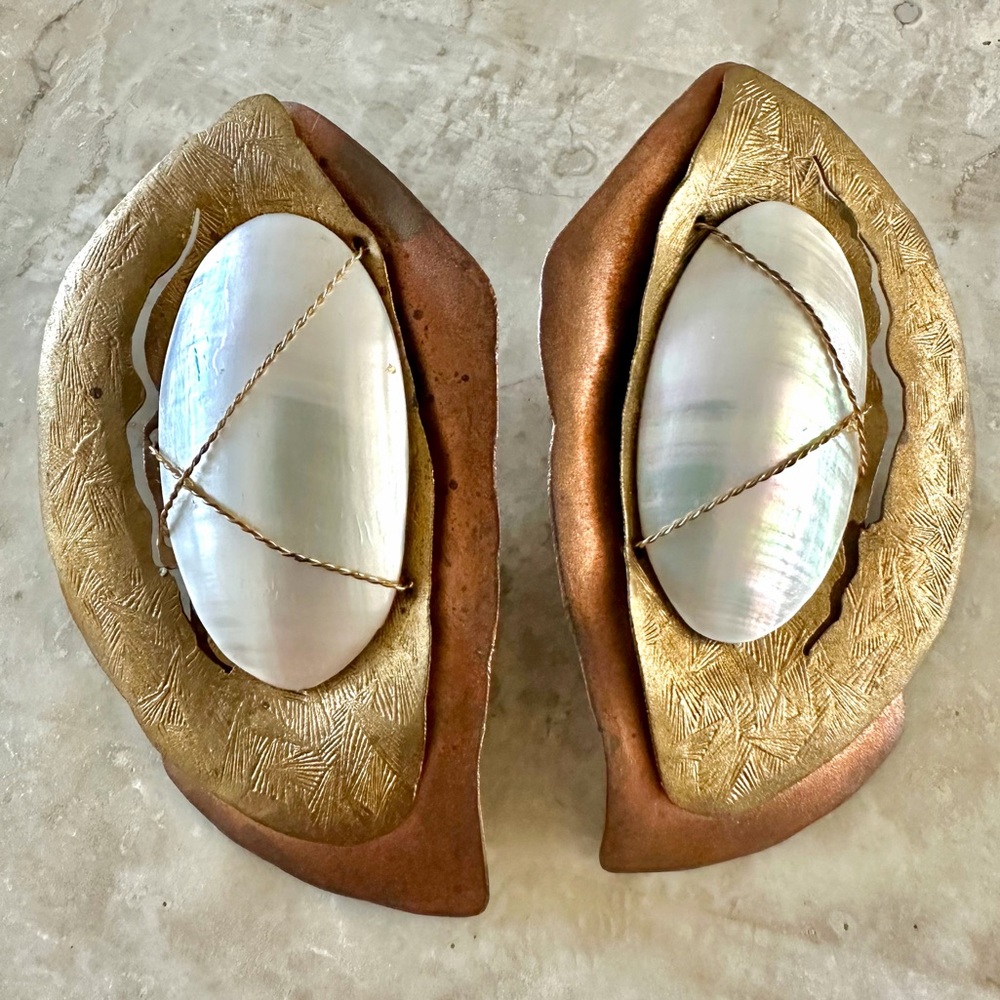 Handmade Gold and Bronze Statement Earrings with Mother of Pearl Center Stones